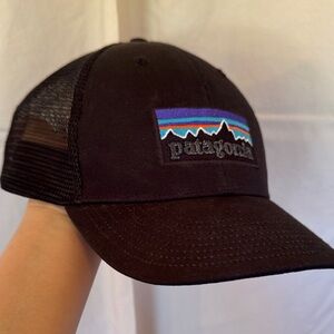 Patagonia Black Logo Trucker Hat with Multicolor Mountain Patch